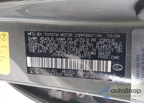 2005 Lexus Es 330 из США, поврежденный, VIN JTHBA30G855084372